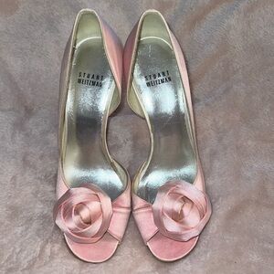 Pink satin rose open toe high heels